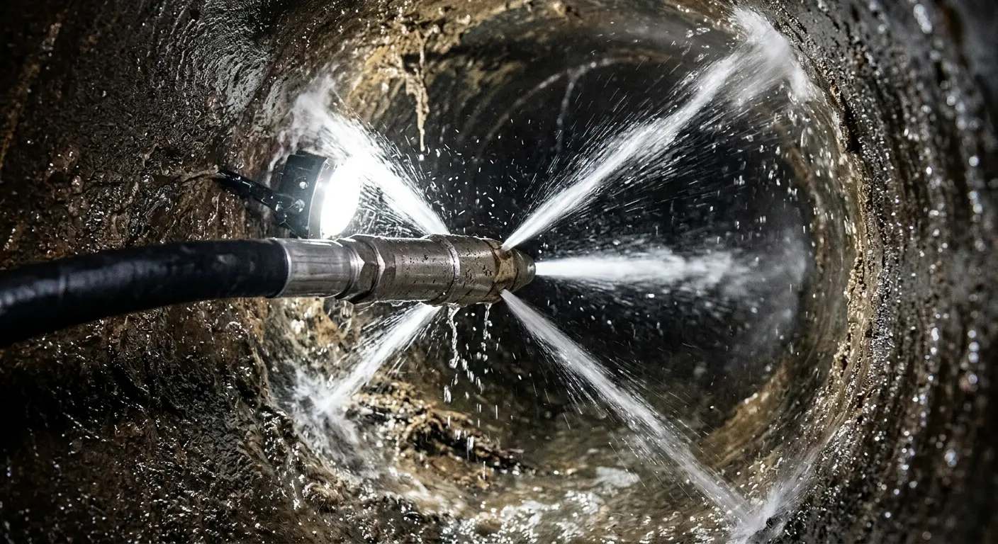 High-pressure hydro jetting nozzle cleaning sewer pipe for Emergency Drain Service in St. Augustine Beach