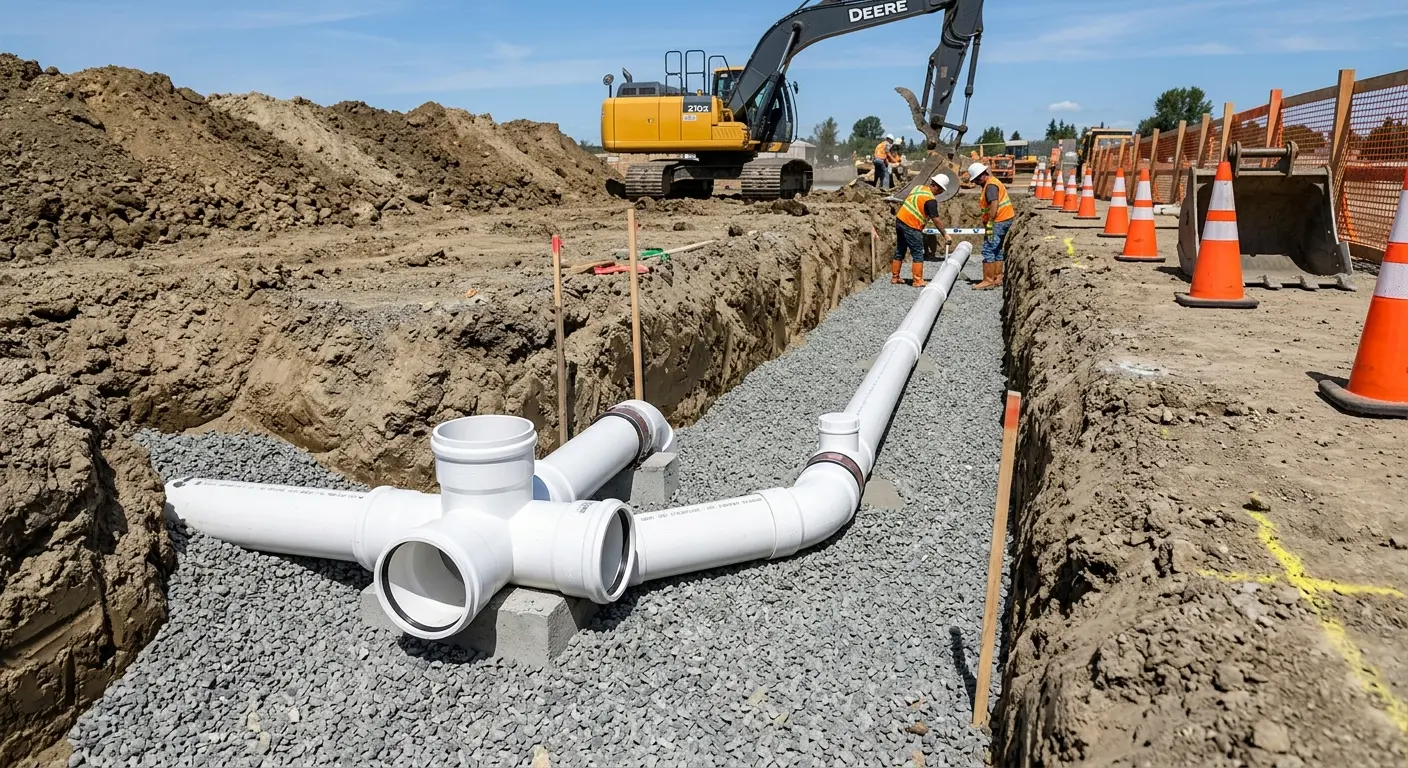 New PVC sewer pipe installation in open trench for Commercial Drain Cleaning in St. Augustine Beach