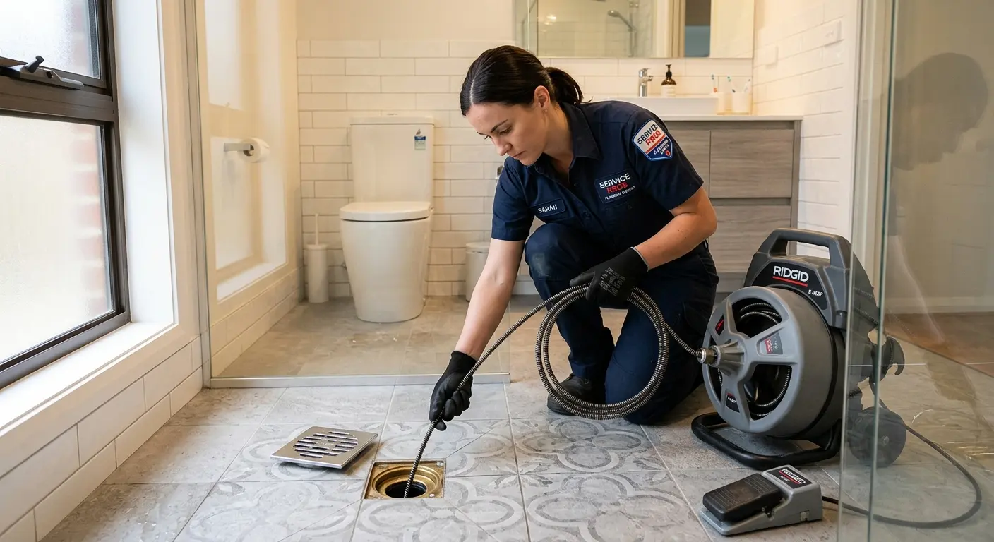 Technician clearing a bathroom floor drain for Drain Cleaning in St. Augustine Beach